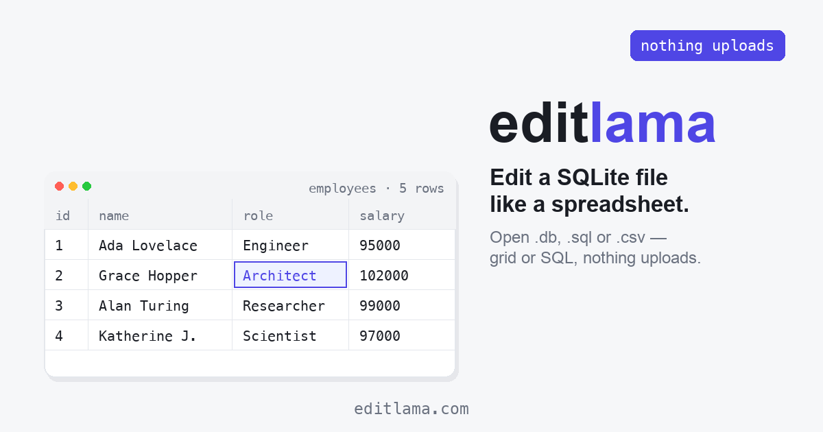 설치 없이 브라우저에서 SQLite 파일을 열고 고치는 editsqlite.com, 브라우저 안에서 DB가 돌아가는 원리