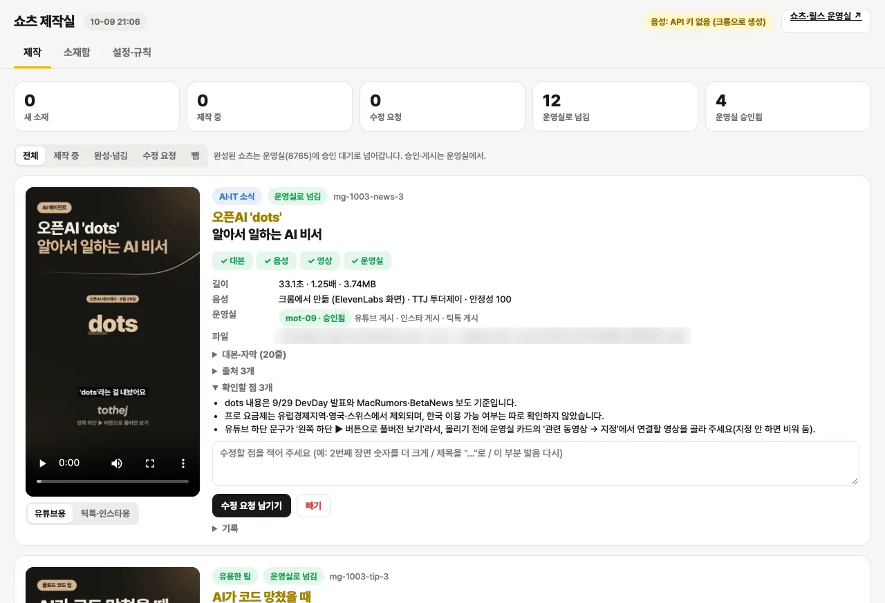 쇼츠 제작실 실제 화면