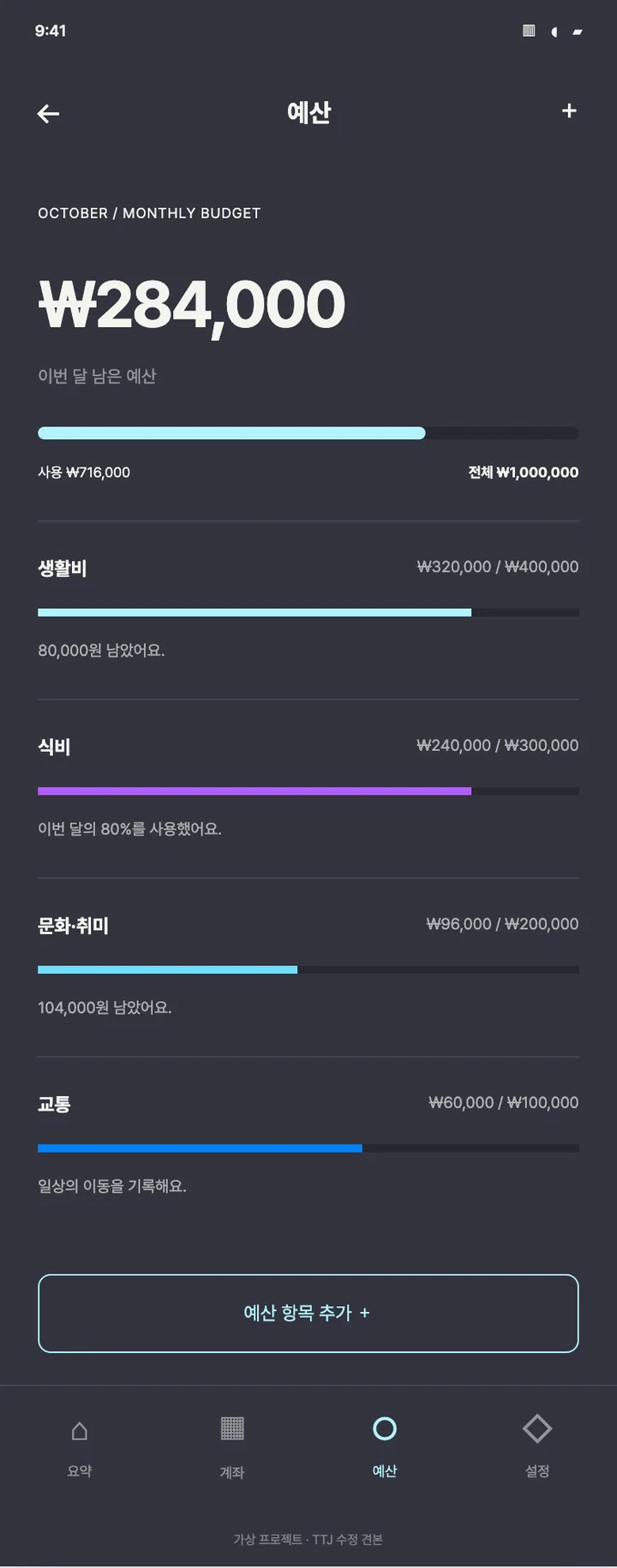 금융 앱 · 항목별 예산 디자인 견본