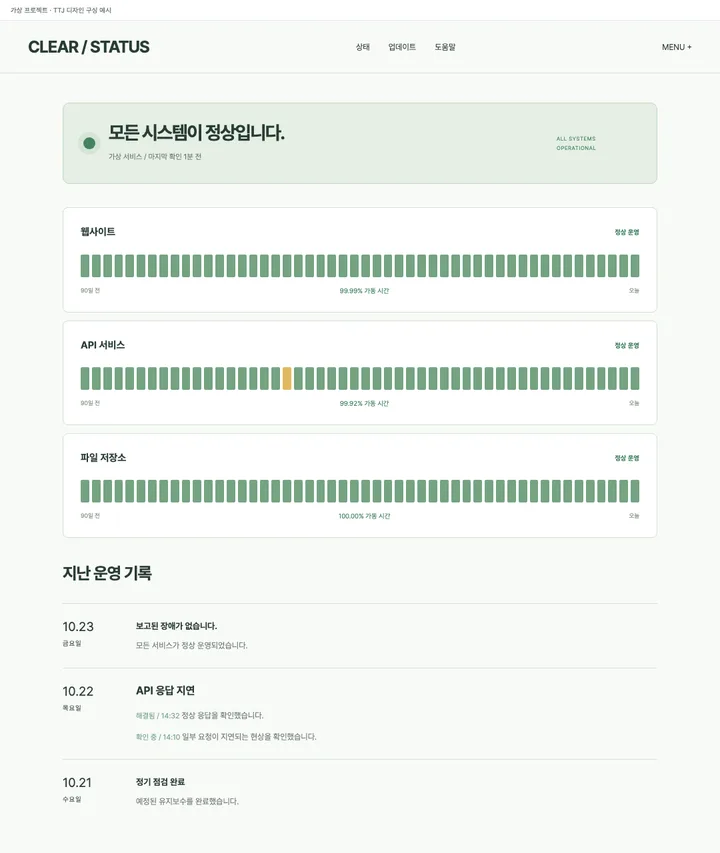 장애와 운영 이력을 보는 서비스 상태 견본