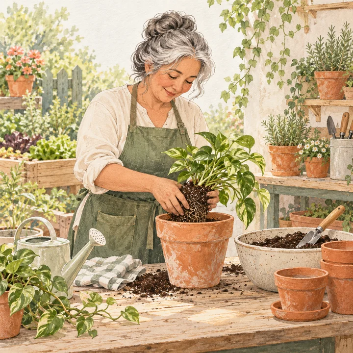 화분을 분갈이하는 성인 — 정원과 식물 돌보기 견본