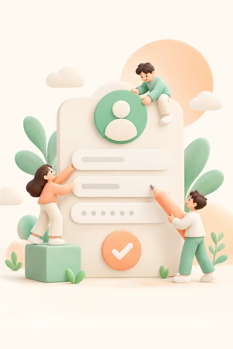 첫 계정을 만드는 안내 장면 — 앱 온보딩 삽화 견본