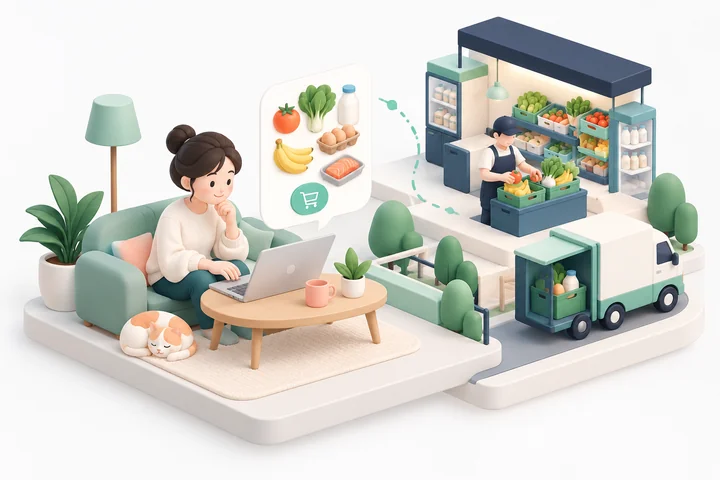 온라인 장보기 장면 — 앱 서비스 등각 삽화 견본