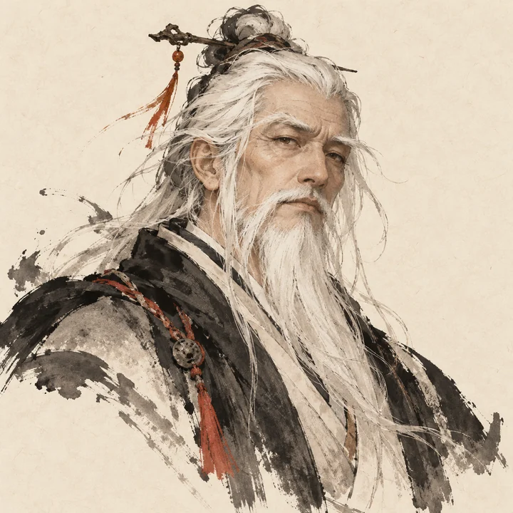 긴 눈썹의 산중 현자 — 먹선 무사 초상 견본