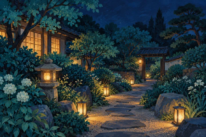 등불이 켜진 정원 길 — 밤 정원 과슈 그림 견본