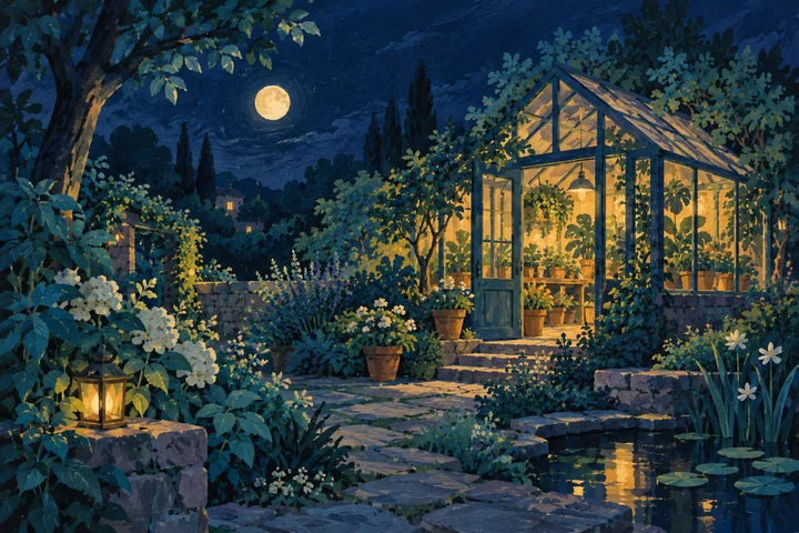 달빛 아래 작은 온실 — 밤 정원 과슈 그림 견본