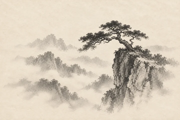 절벽 위 소나무 — 한지 먹산수 견본