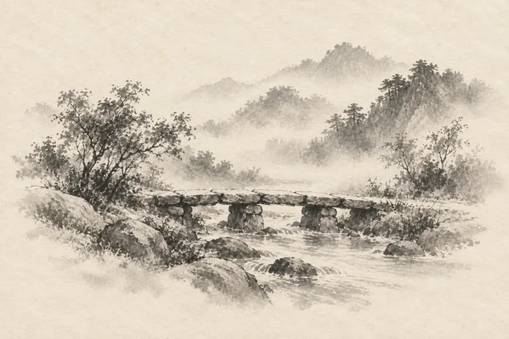 개울 위 돌다리 — 한지 먹산수 견본