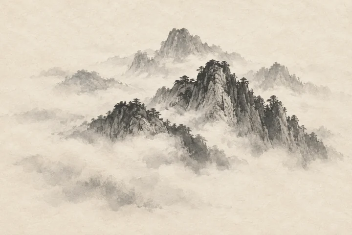 안개 낀 산봉우리 — 한지 먹산수 견본