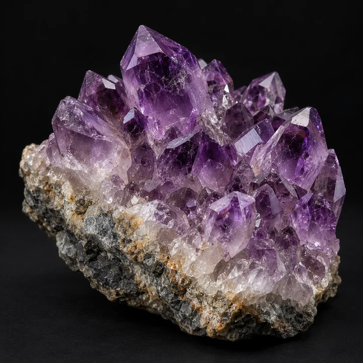 자수정 결정 무리 — 광물 매크로 사진 견본