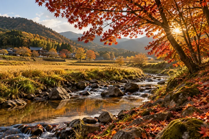 단풍나무 아래 흐르는 개울 — 가을 들판과 농촌 견본