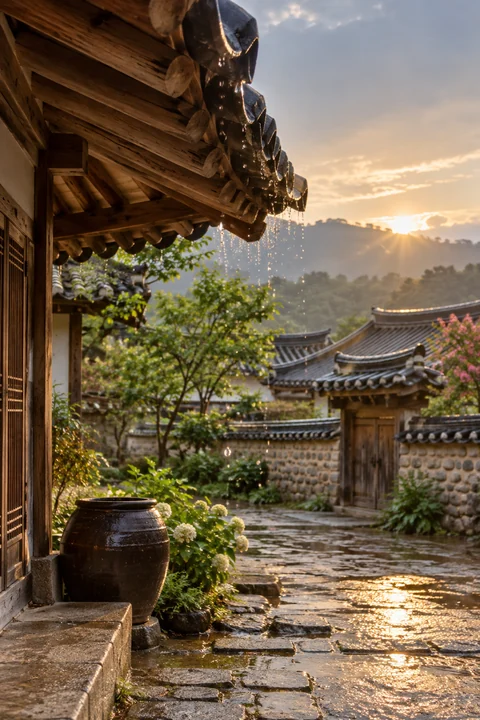 빗물이 맺힌 기와 처마 — 한옥과 담장 산책 견본