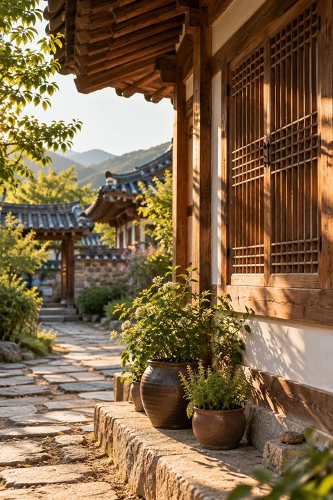 나무 창호와 작은 화분 — 한옥과 담장 산책 견본