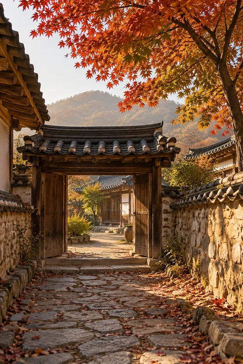 단풍이 드리운 한옥 대문 — 한옥과 담장 산책 견본