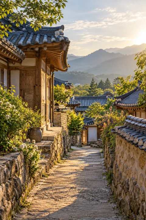 기와지붕 아래 이어진 돌담길 — 한옥과 담장 산책 견본