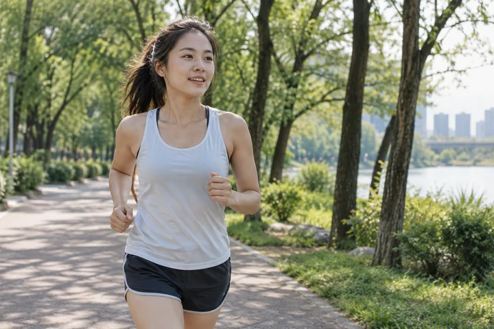 공원 길을 달리는 성인 — 실사 일상과 작업 견본