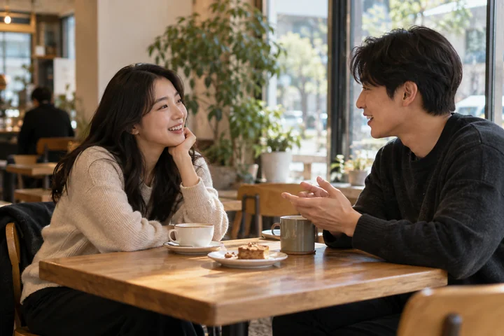 카페에서 대화하는 성인 두 명 — 실사 일상과 작업 견본