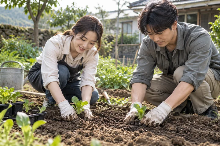 텃밭에서 모종을 심는 성인 — 실사 일상과 작업 견본