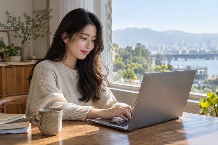 창가에서 노트북을 쓰는 성인 — 실사 일상과 작업 견본