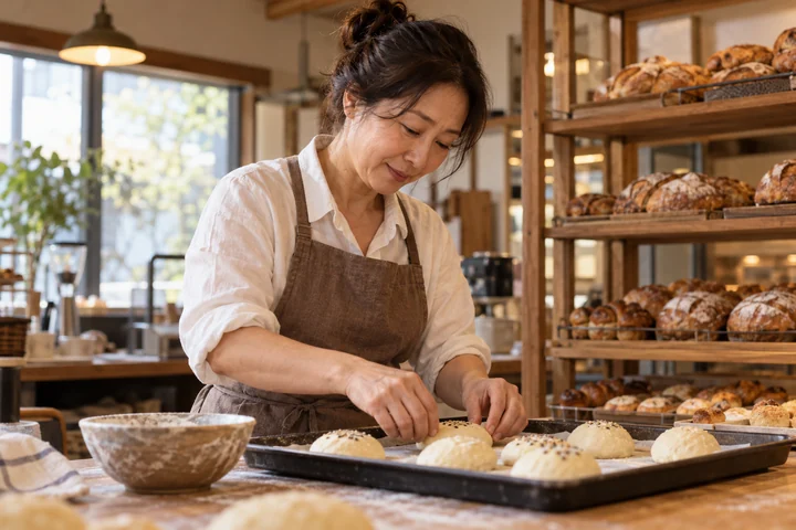 반죽을 둥글리는 여성 — 여성 실사 베이킹 공방 견본
