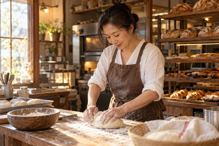 반죽 옆에서 웃는 여성 제빵사 — 여성 실사 베이킹 공방 견본