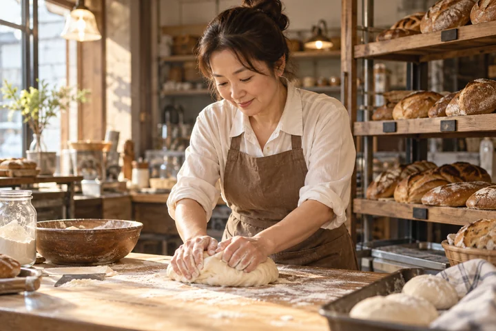 밀가루 반죽을 치대는 여성 — 여성 실사 베이킹 공방 견본