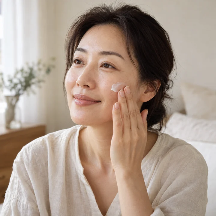 볼에 보습제를 바르는 여성 — 여성 실사 내추럴 뷰티 견본