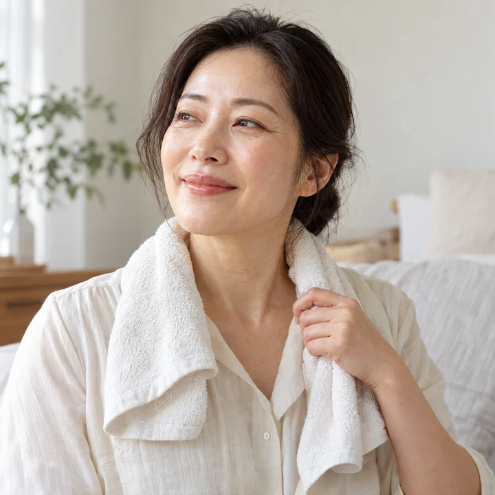 수건을 어깨에 두른 여성 — 여성 실사 내추럴 뷰티 견본