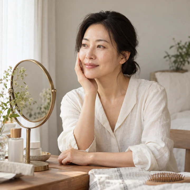 거울 옆에 앉아 쉬는 여성 — 여성 실사 내추럴 뷰티 견본