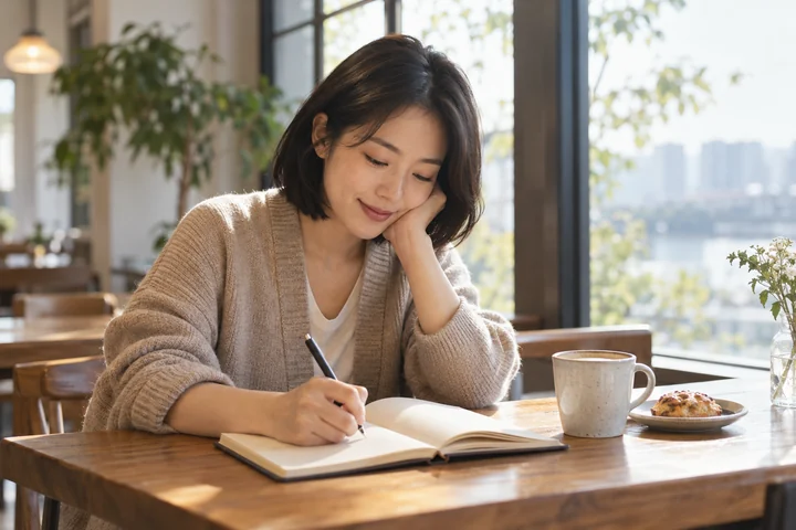 노트에 하루를 기록하는 여성 — 여성 실사 카페 일상 견본