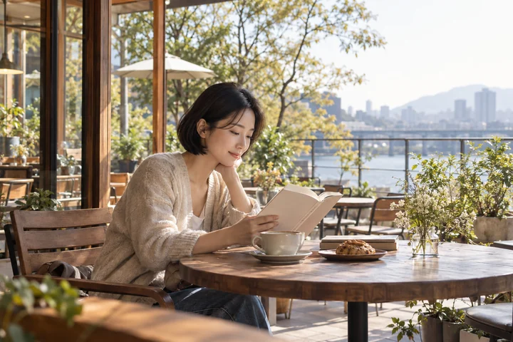 카페 테라스에 앉은 여성 — 여성 실사 카페 일상 견본