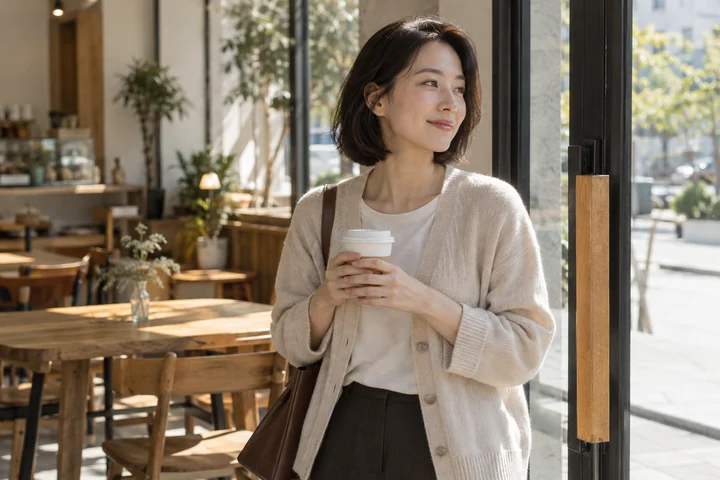 테이크아웃 커피를 든 여성 — 여성 실사 카페 일상 견본