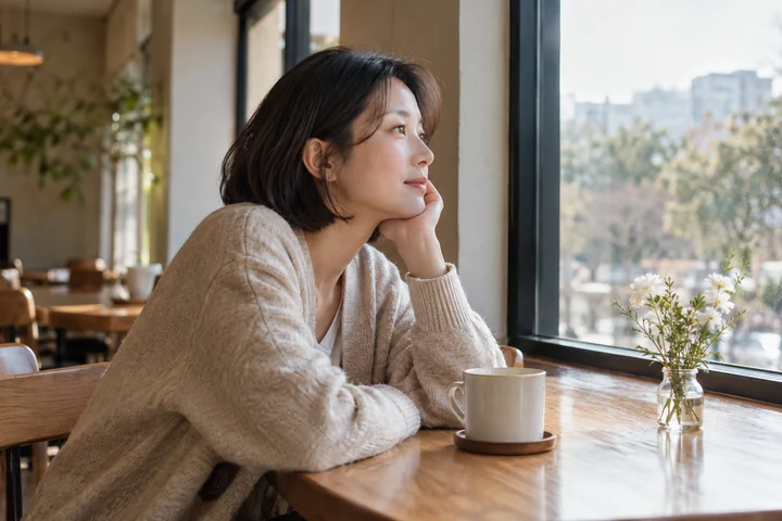 카페 안에서 창밖을 보는 여성 — 여성 실사 카페 일상 견본