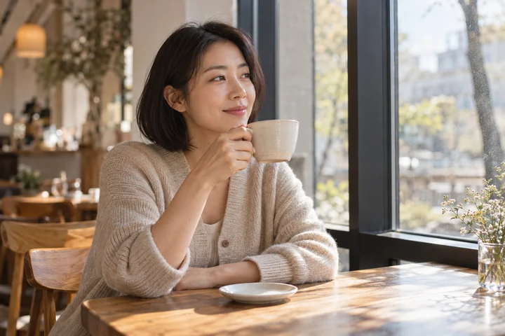 창가에서 커피를 마시는 여성 — 여성 실사 카페 일상 견본