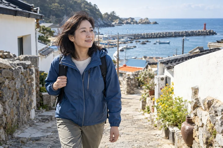 해안 마을 골목의 여성 — 여성 실사 바닷가 여행 견본