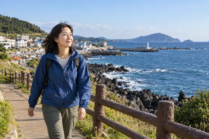 해안 산책로를 걷는 여성 — 여성 실사 바닷가 여행 견본