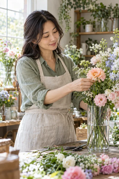 유리 화병에 꽃을 꽂는 여성 — 여성 실사 플라워 숍 견본