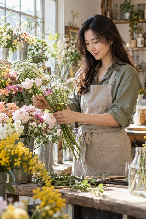 꽃을 고르는 여성 — 여성 실사 플라워 숍 견본