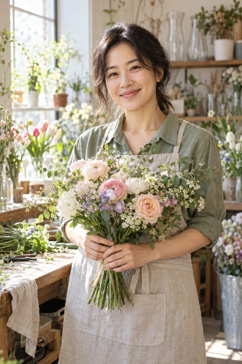 완성한 꽃다발을 든 여성 — 여성 실사 플라워 숍 견본