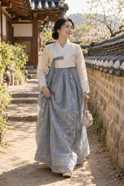 돌담길을 걷는 한복 차림 여성 — 여성 실사 한복 산책 견본