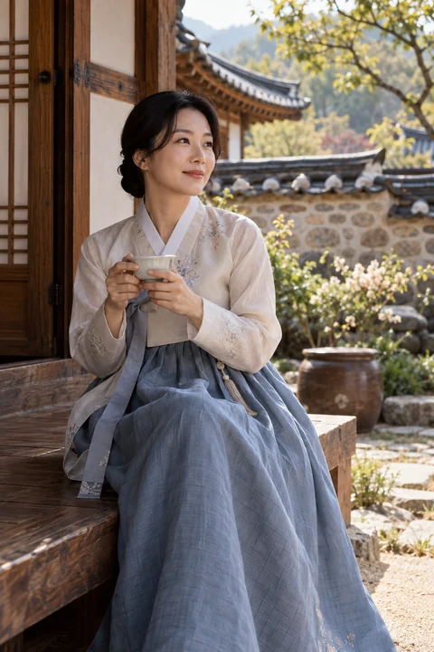 마루에 앉아 차를 드는 여성 — 여성 실사 한복 산책 견본