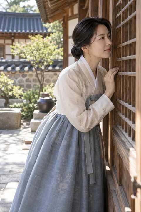 한옥 창가를 바라보는 여성 — 여성 실사 한복 산책 견본