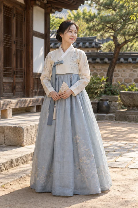작은 부채를 든 한복 차림 여성 — 여성 실사 한복 산책 견본