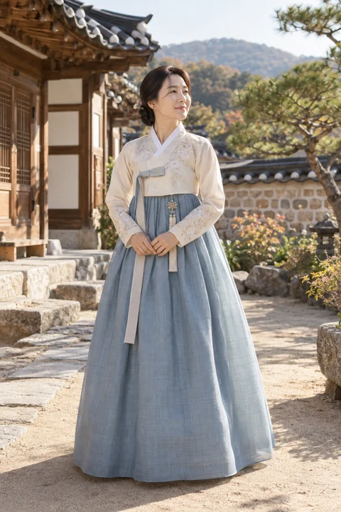 한옥 마당에 서 있는 여성 — 여성 실사 한복 산책 견본
