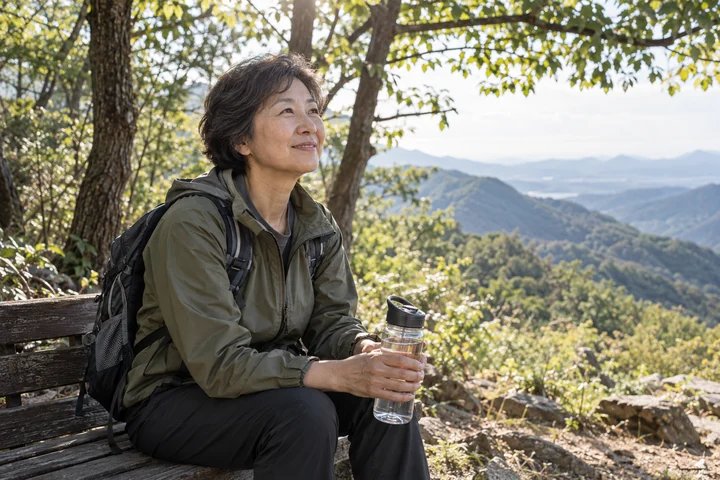 숲속 벤치에서 쉬는 여성 — 여성 실사 숲길 하이킹 견본