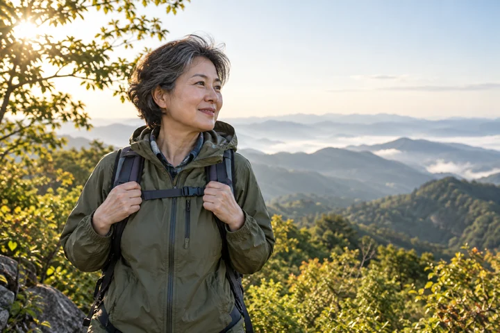 능선에서 풍경을 보는 여성 — 여성 실사 숲길 하이킹 견본