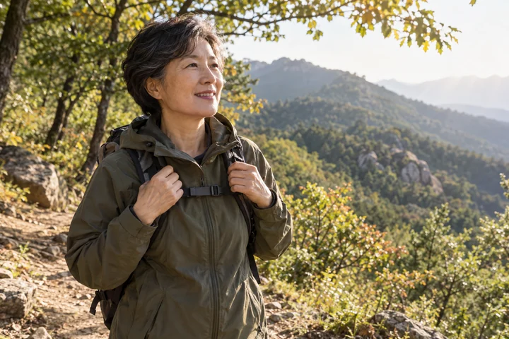 배낭 끈을 고쳐 메는 여성 — 여성 실사 숲길 하이킹 견본