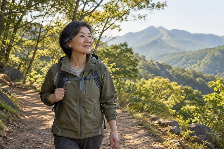 숲길을 걷는 여성 하이커 — 여성 실사 숲길 하이킹 견본