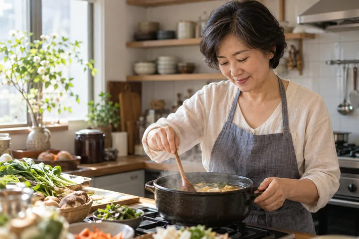 냄비의 수프를 젓는 여성 — 여성 실사 집밥 만들기 견본