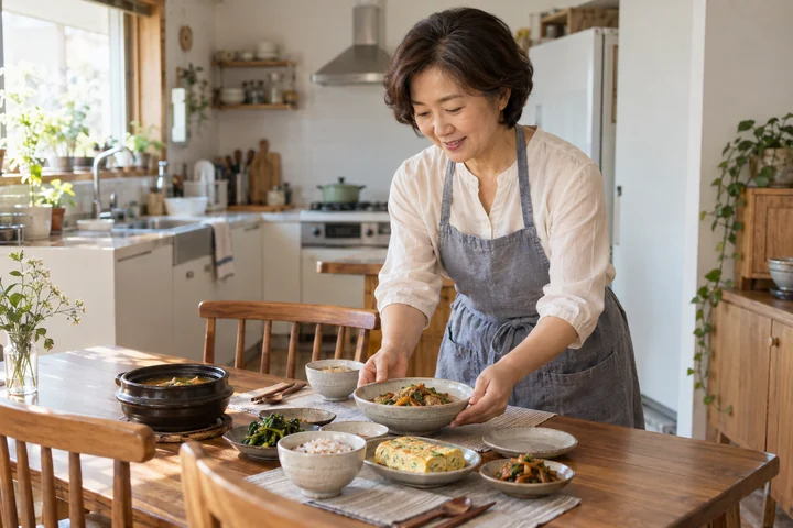 집밥을 상에 놓는 여성 — 여성 실사 집밥 만들기 견본